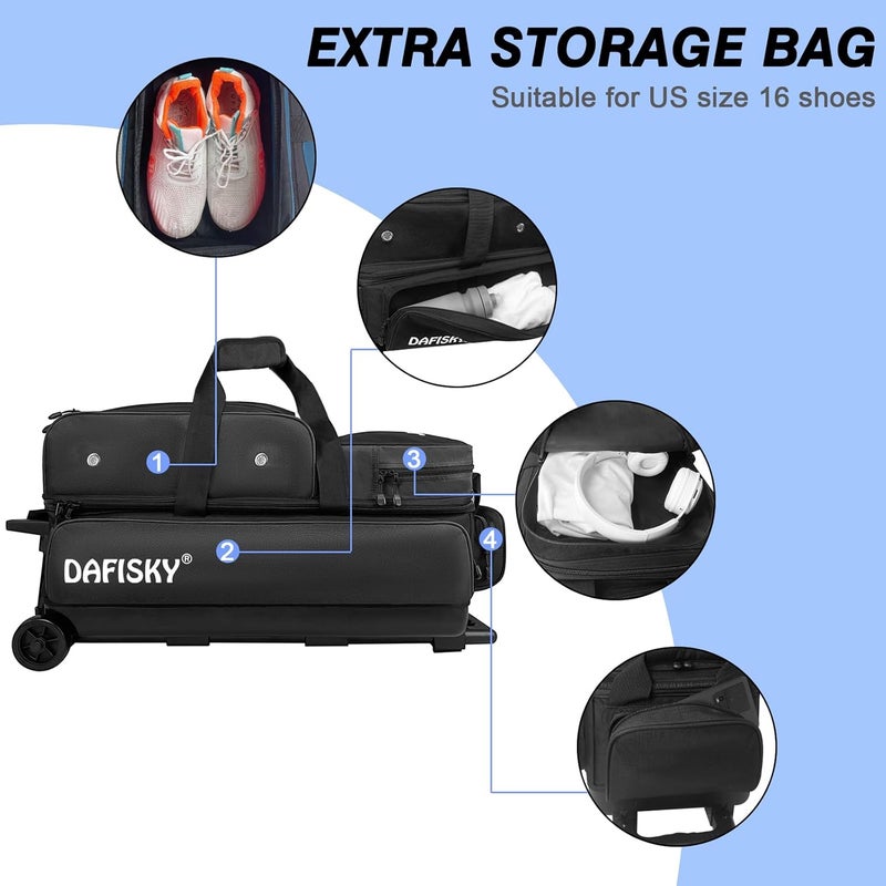 DAFISKY 3 ball bowling bags with wheels, bowling ball bag 3 ball roller with Multiple Pockets Retractable Handle - Image 5